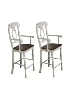 The Hamptons Collection Set of 2 Antique White and Brown Elegant Andrews Napoleon Comfortable Barstool with Arms 43"