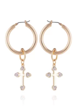 GUESS Gold Tone and Crystal Hoop Earrings with Cross Charms