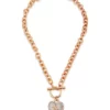 GUESS Gold Tone Link Necklace with Silver Tone Logo Heart Pendant
