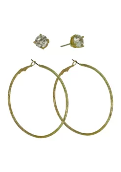 GUESS Rose Gold Tone Cubic Zirconia Stud and Hoop Earrings Set