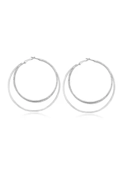 GUESS Silver Tone Textured and Polished Orbital Hoop Earrings