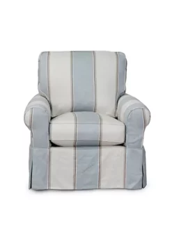 The Hamptons Collection 36” Blue and Off-White Seashore Striped Fabric Slipcovered Swivel Rocking Chair