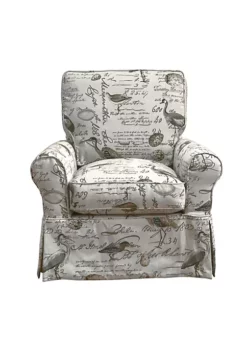 The Hamptons Collection 36” Off-White and Gray Bird Script Fabric Slipcovered Swivel Rocking Chair